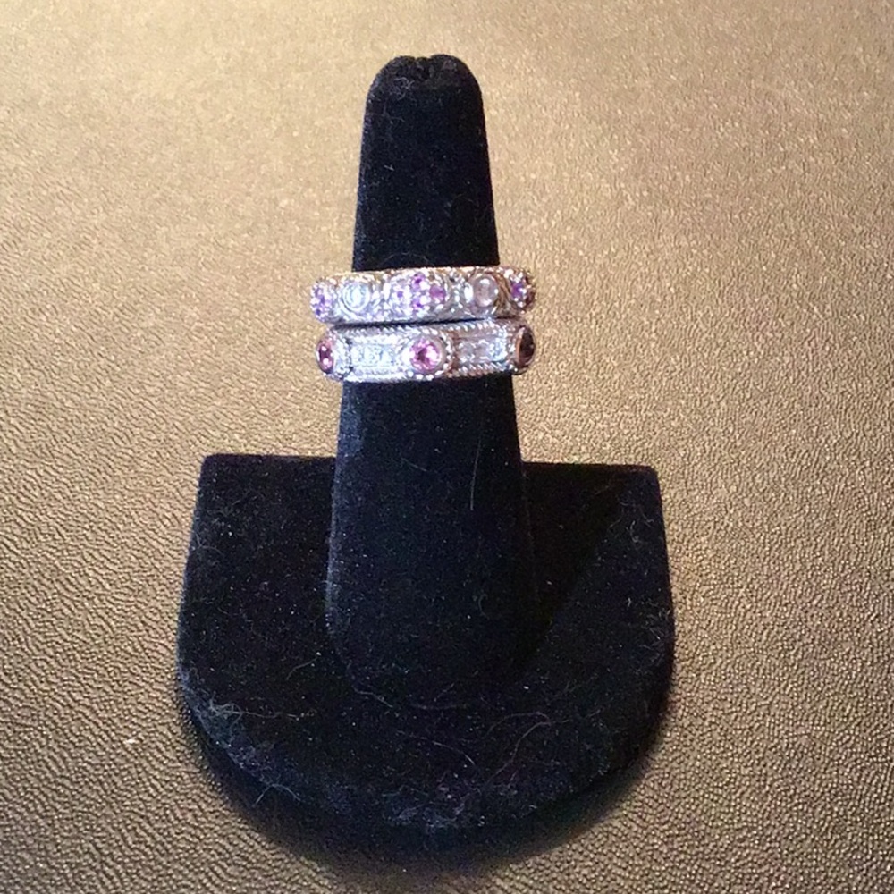 JUDITH RIPKA PINK & CLEAR DIAMONIQUE ORIGINAL STACK RINGS SET OF 2